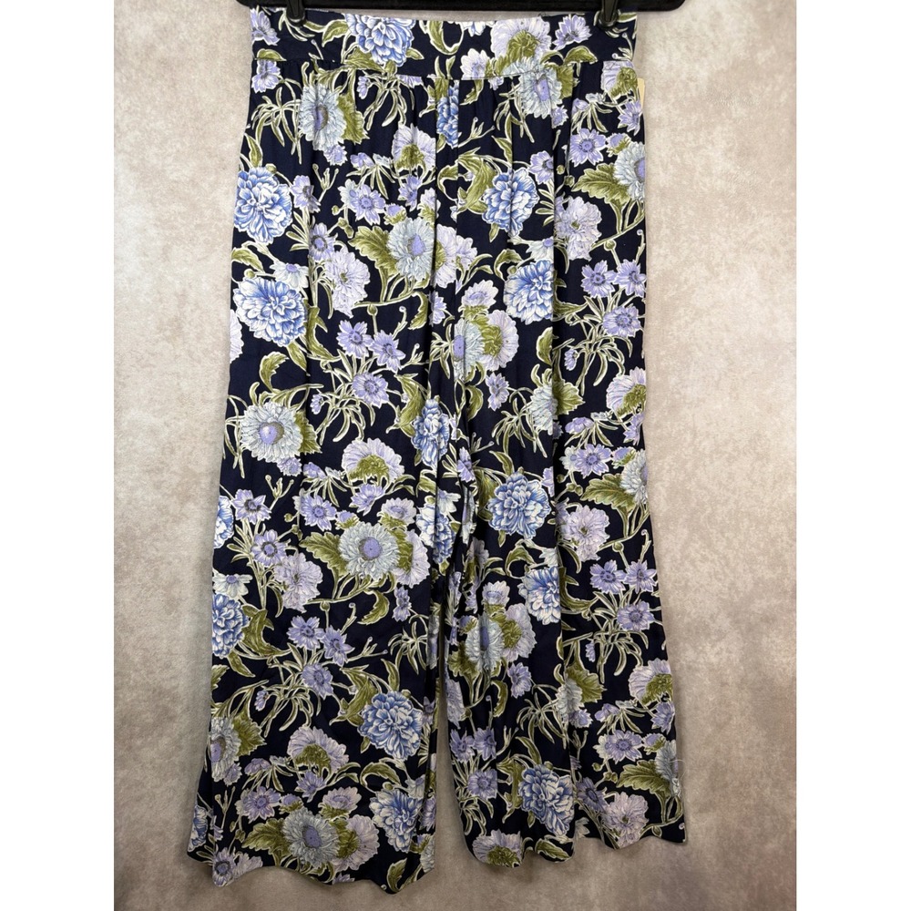 NWT VTG Giraffe Wide Leg Pants Women Size 14 Navy Blue Floral Rayon High Waist